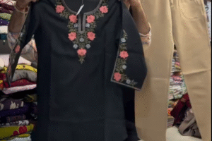 Elegant Embroidered Kurti with Beige Trousers – Timeless Ethnic Fusion Wear for Women